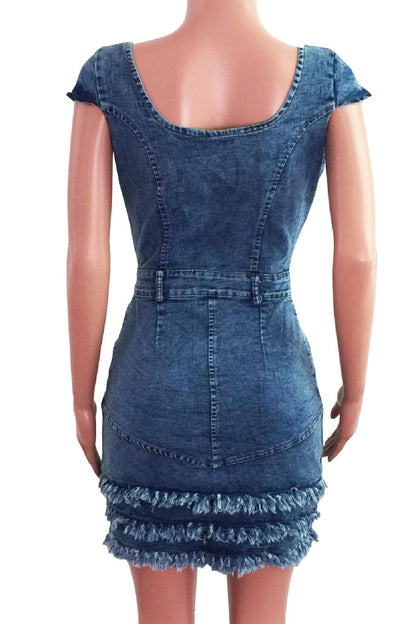 Ruffle Hem Bustier Denim Mini Dress