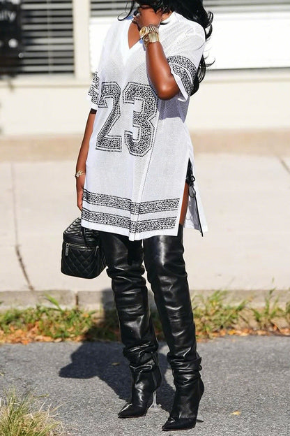 Rhinestone 23 Sheer Mesh Jersey Tunic