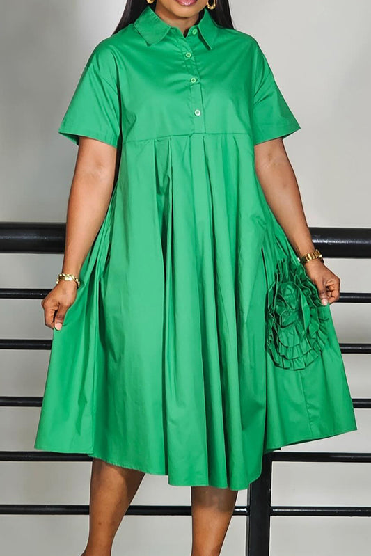 Casual Shirt Collar 3D Floral Pocket Midi Dress