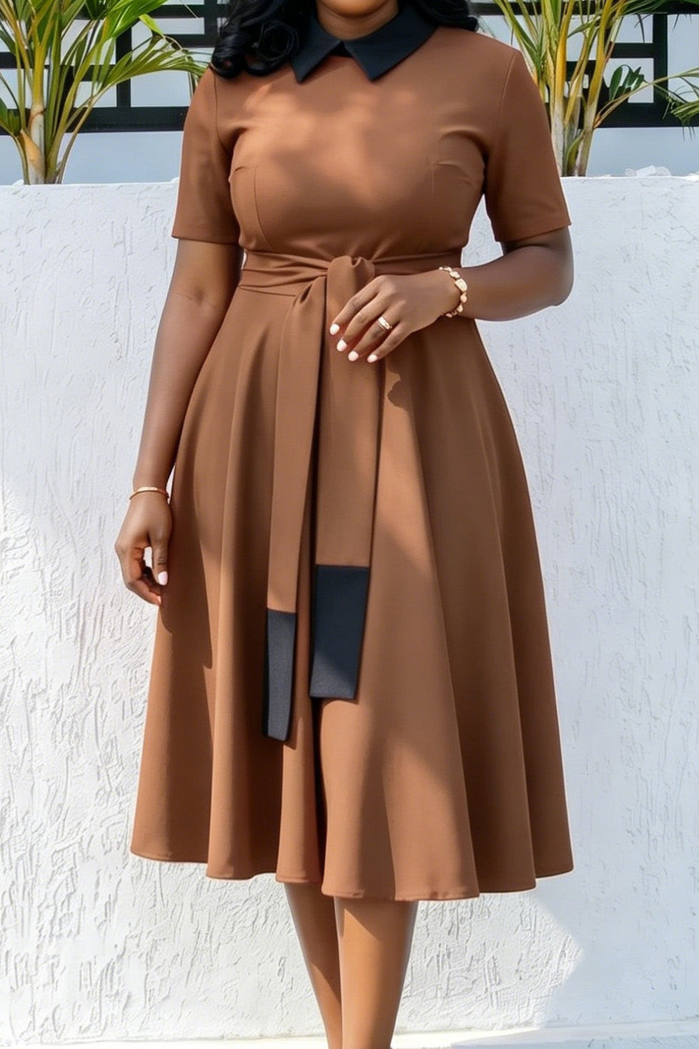 Contrast Collar Tie-Waist A-Line Midi Dress