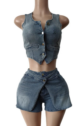 Stretch Denim Apron Shorts Set - Vest & Shorts