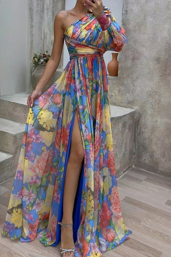 Lantern Sleeve One Shoulder Floral Slit Maxi Dress