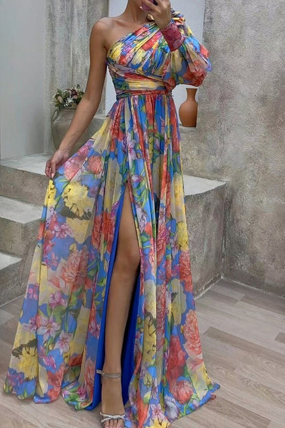 Lantern Sleeve One Shoulder Floral Slit Maxi Dress