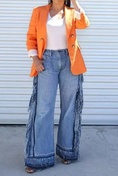 Side Fringe Wide Leg Raw Hem Jeans