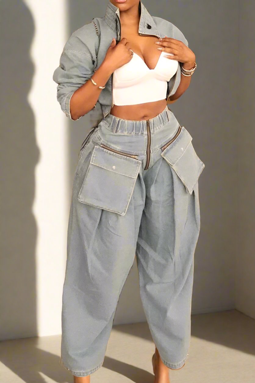 Vintage Washed Denim Two Piece Set