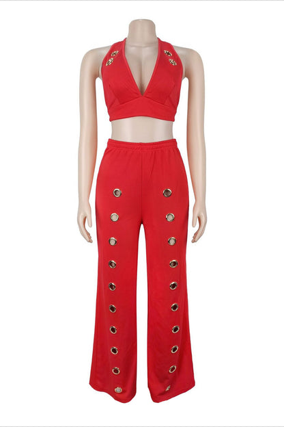 Oversized Eyelet Halter Crop Top & Pant Set