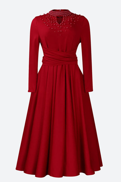 High Collar Elegant Beaded Large Swing Dress