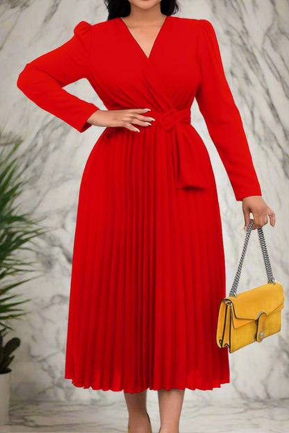 V Neck Long Sleeve Pleated Midi Dress