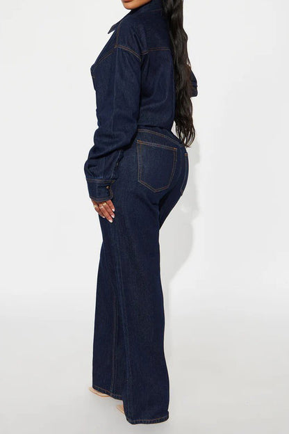 Stretch Long Sleeve Denim Jumpsuit