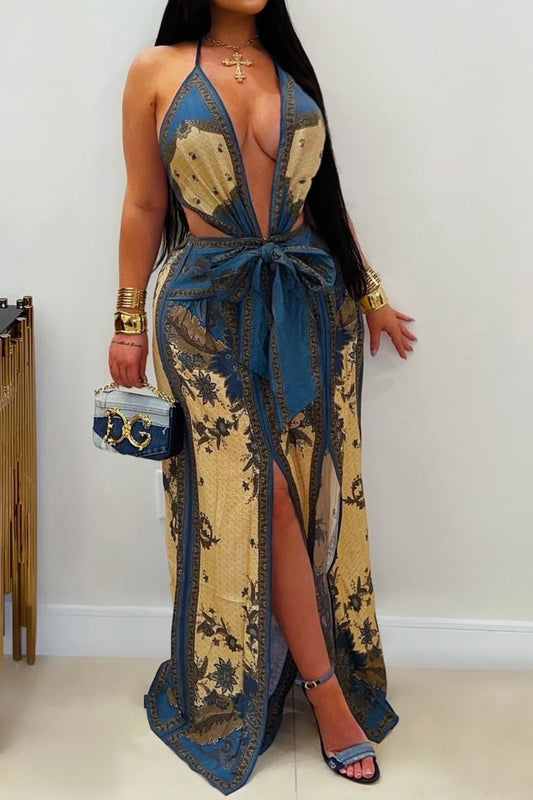 Ornate Print Halter Slit Wide Leg Jumpsuit