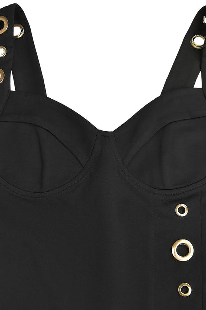 Grommet-Detail Corset Midi Dress with High Slit