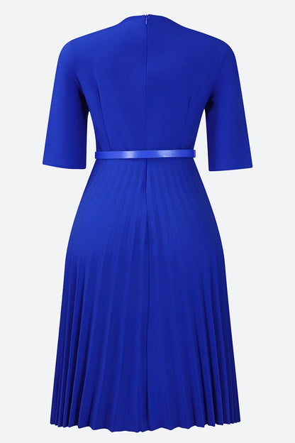 Solid Belted Pleated Dress