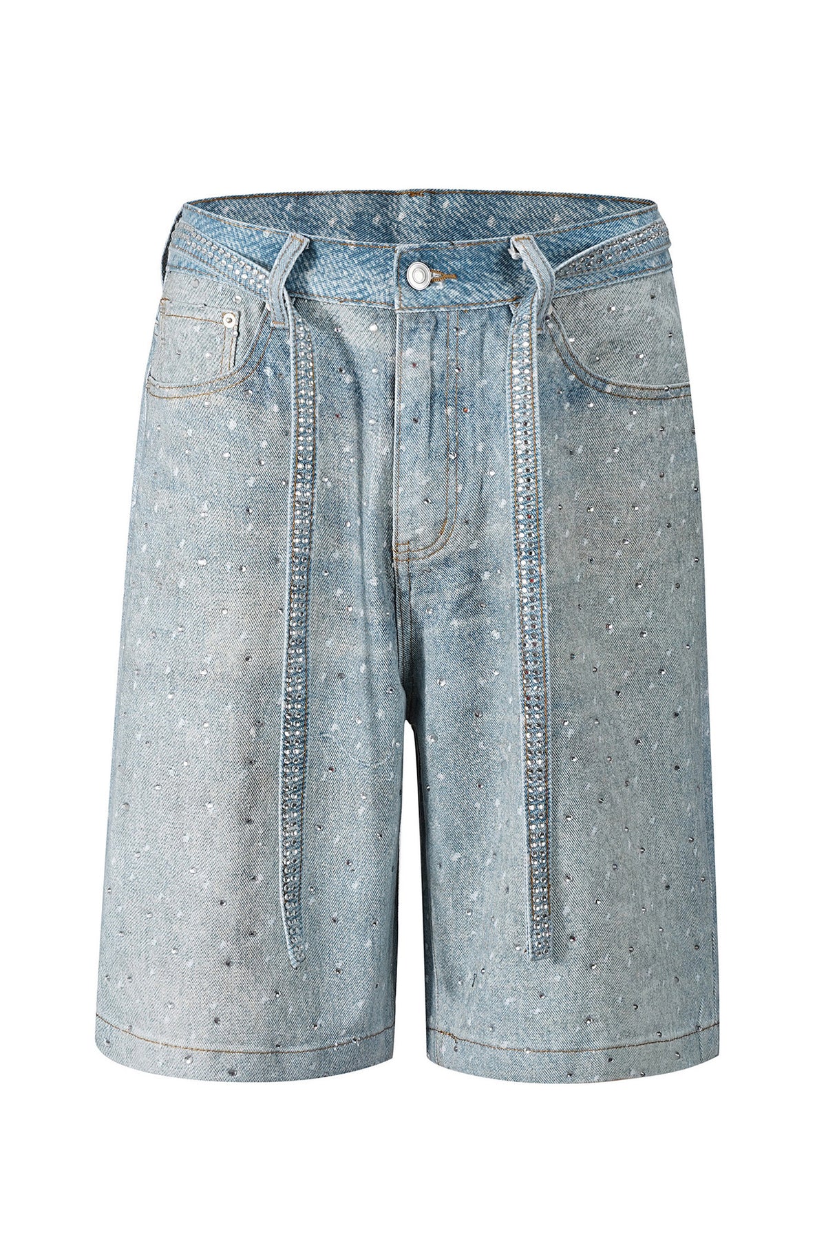 Loose Fit Denim Capri Pants with Rhinestones