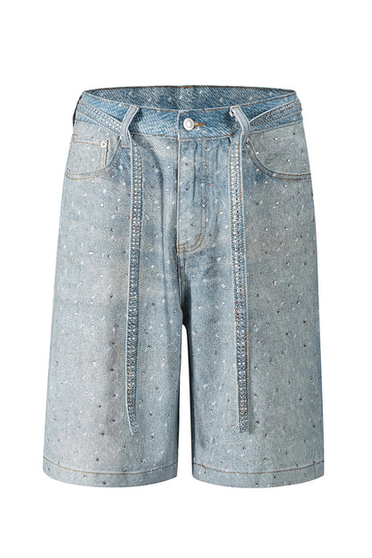 Loose Fit Denim Capri Pants with Rhinestones