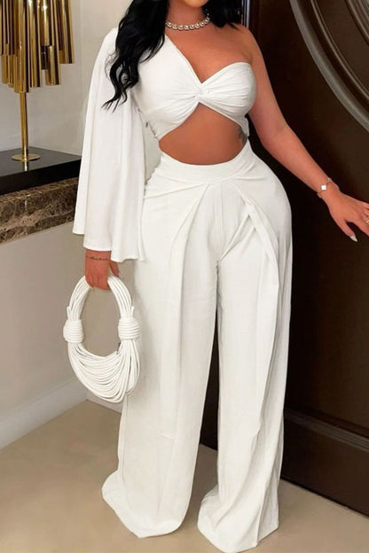 Asymmetrical Twist Crop Top & Draped Wide Leg Pant Set