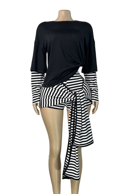 Layered-Look Stripe Top & Tie-Waist Shorts Set