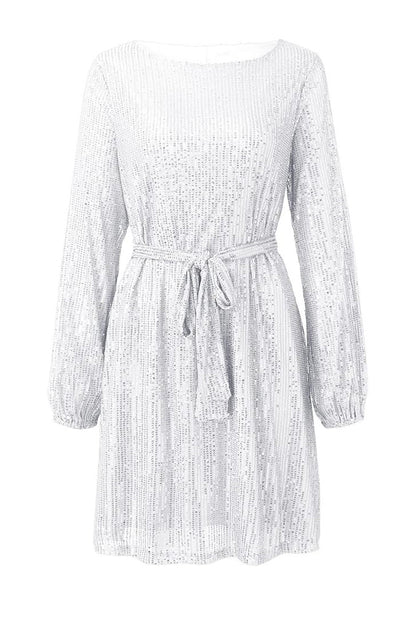 Sequin Tie Waist Long Sleeve Mini Dress
