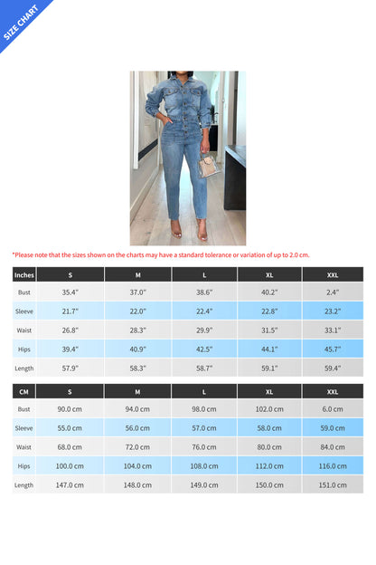 Long Sleeve Button Down Denim Utility Jumpsuit