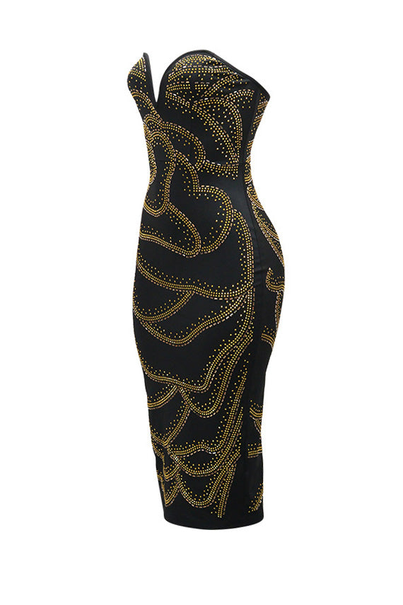 Strapless Rhinestone Bodycon Midi Dress