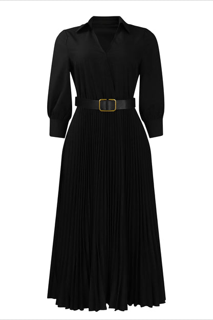 Solid Color Cinched Waist Pleated Long Dress