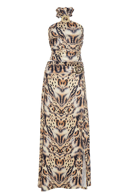 Halter Print Crop Top & Slit Skirt Set