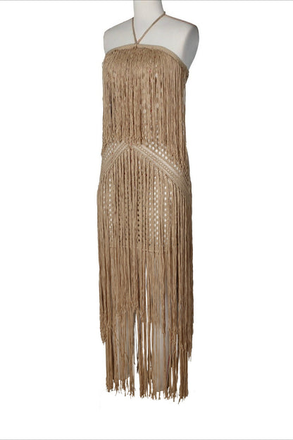 Crochet Halter Fringe Maxi Dress
