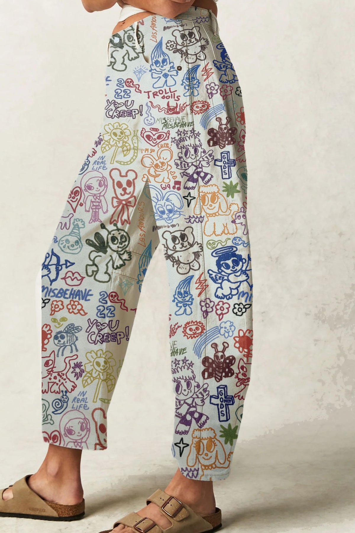 Doodle Print Relaxed Barrel Leg Jeans