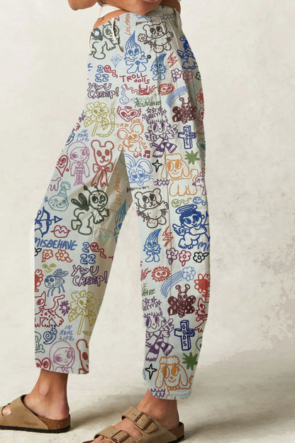 Doodle Print Relaxed Barrel Leg Jeans