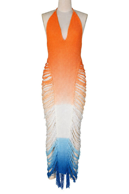 Crochet Halter Fringe Maxi Dress
