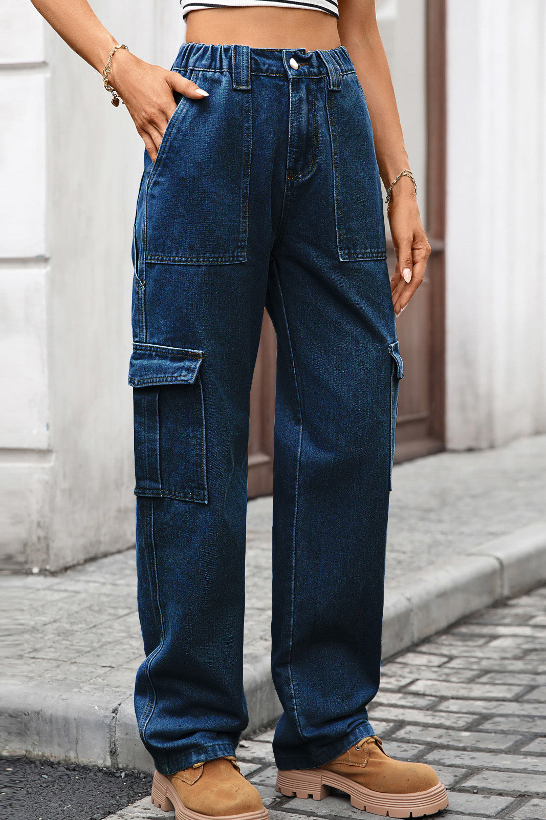 High Waist Elastic Baggy Cargo Jeans