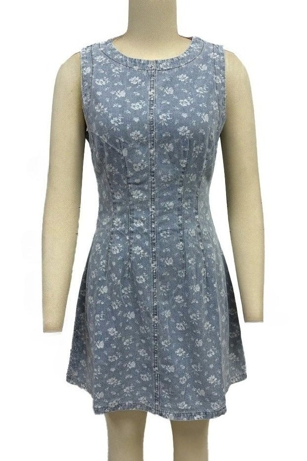 Vintage Floral Denim A-Line Mini Dress