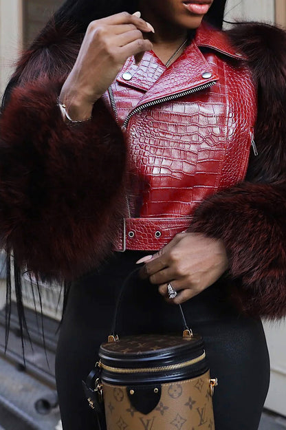 Faux Fur Trim Faux Leather Jacket