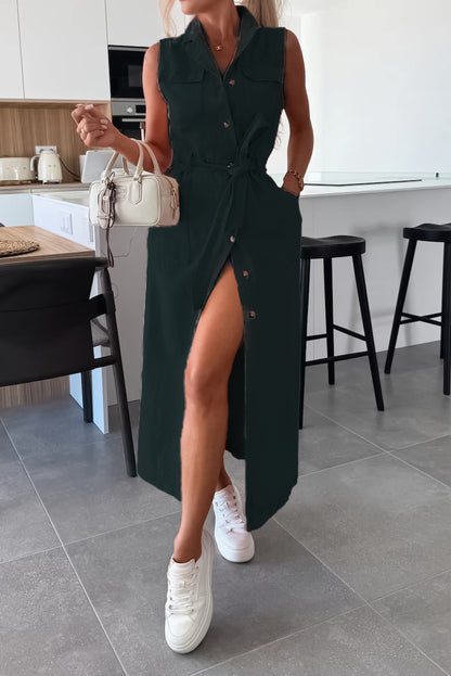 Sleeveless Belted Utility Maxi Shirt Dress
