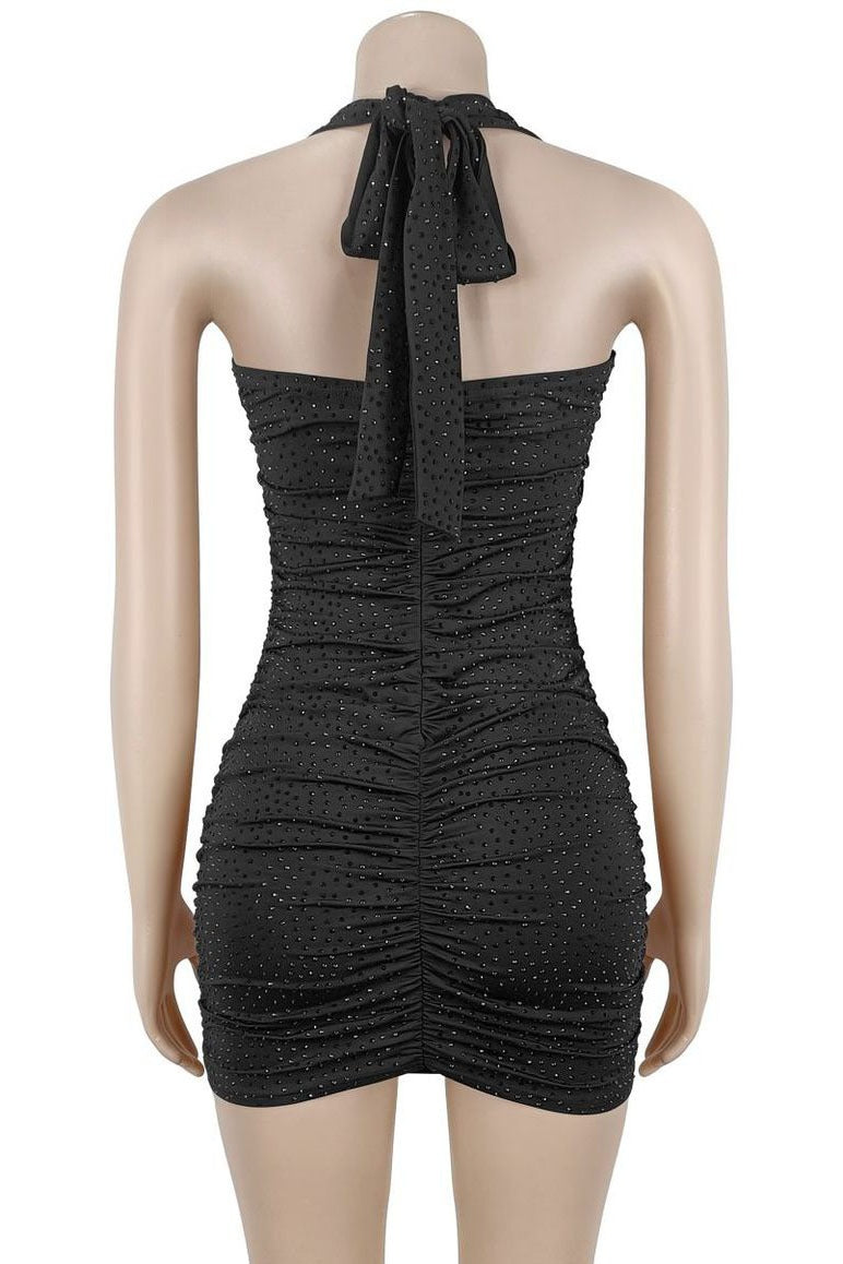 Rhinestone Ruched Halter Mini Dress