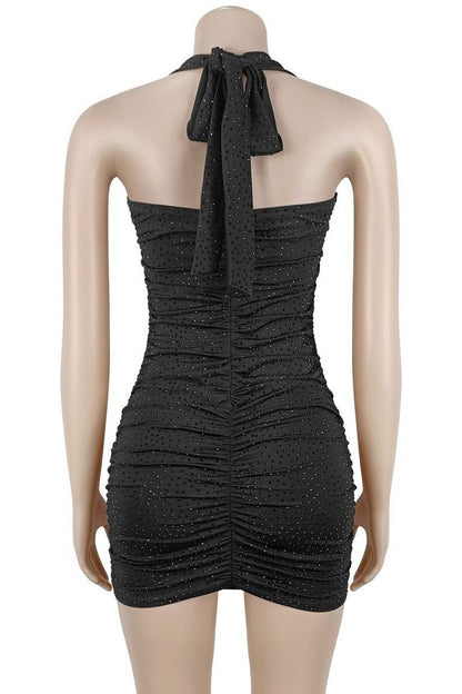 Rhinestone Ruched Halter Mini Dress