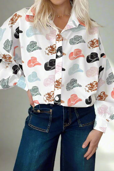 Cow Boy Hats Puff Sleeve Button Up Shirt
