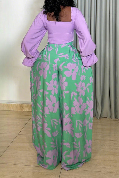 Long Sleeve Top and Printed Wide Leg Pants Set