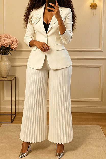 Floral Brooch Blazer Pleated Pants Set