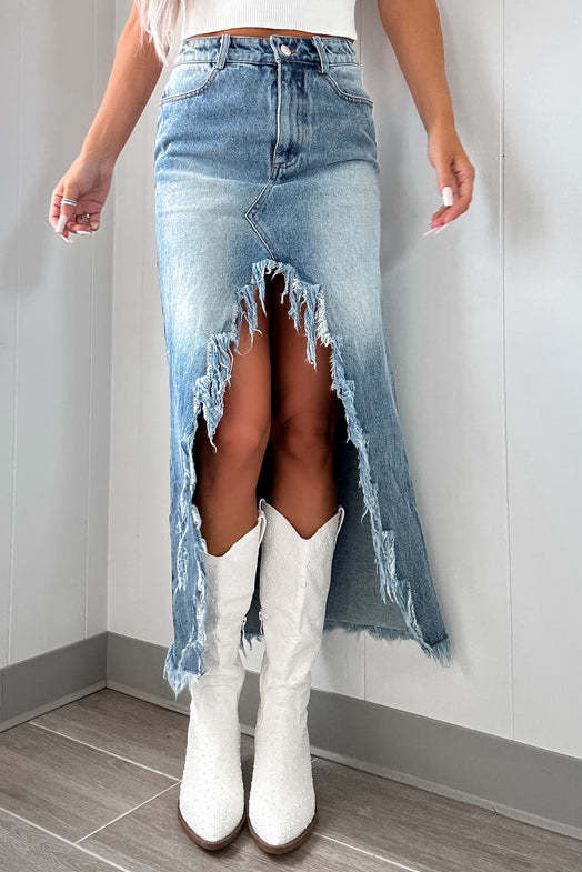 Distressed Irregular Tassel High Waist Denim Skirt