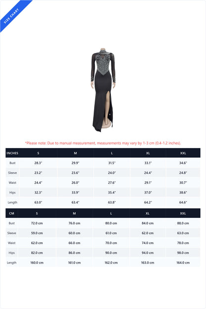 Rhinestone Mesh High Slit Maxi Dress