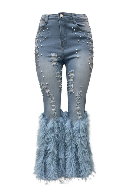 Feather Detail Ripped Denim Jeans