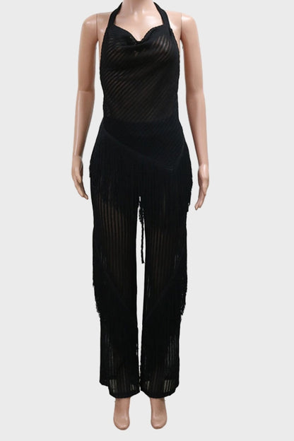 Sleeveless Backless Top Loose Pants Tassel Set