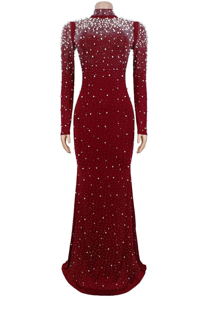 Rhinestone Mock Neck Mermaid Maxi Dress