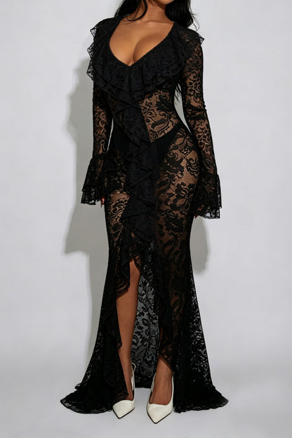 Sheer Lace Ruffled Slit Maxi Dress