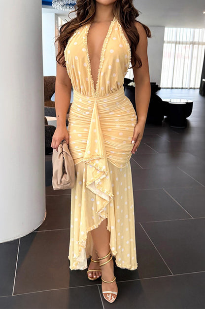 Plunging Halter Ruched Ruffle Maxi Dress