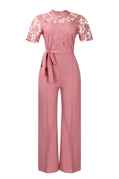 Lace Hollow Out Tie Waist Wide Leg Jumpsuit