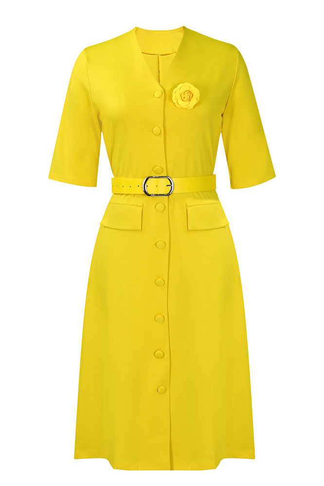 V-Neck Button Front Solid Color Midi Dress