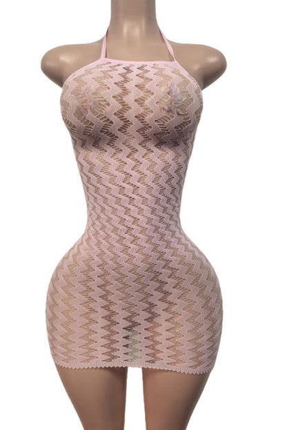 Sheer Zig-Zag Halter Bodycon Mini Dress