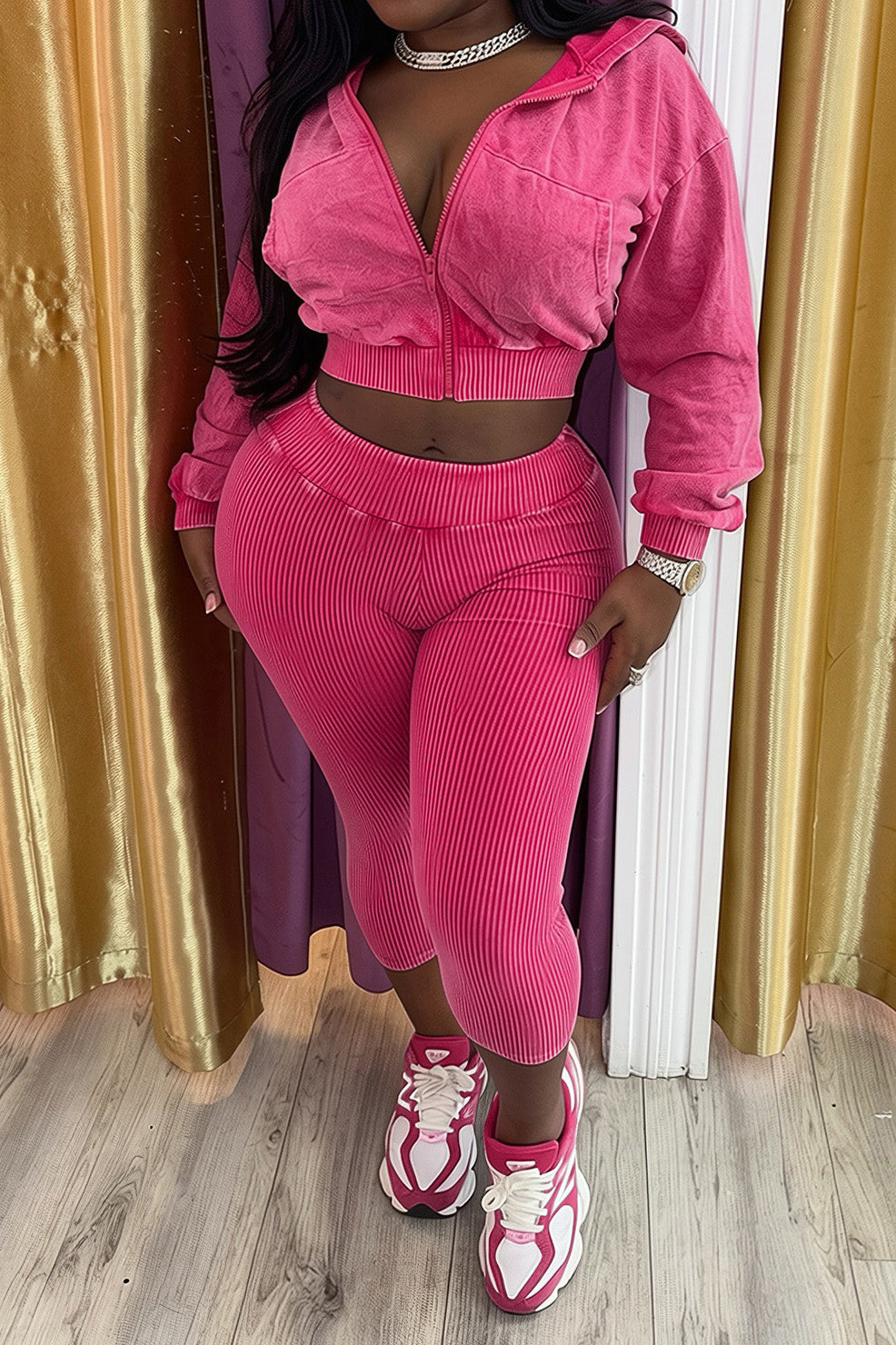 Washed Hoodie & Ribbed Capri Leggings Set