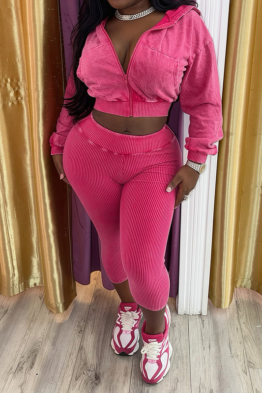 Washed Hoodie & Ribbed Capri Leggings Set